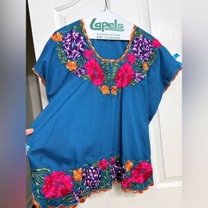 Embroidered Floral Tunic Top - Teal Blue